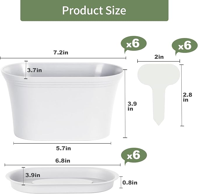 Windowsill Garden Pots, White Plastic Flower Pots with Drainage Tray for Herb, Succulents, African Violet (Pack of 6)
