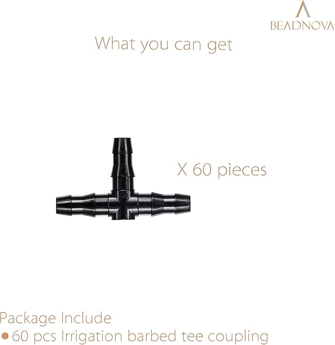 BEADNOVA Drip Irrigation Parts 60 Pcs 1/4 Inch Barbed Tee Couplings Drip Irrigation Fittings Drip Line Connectors for 1/4 Inch Irrigation Tubing Garden Watering System (60pcs)