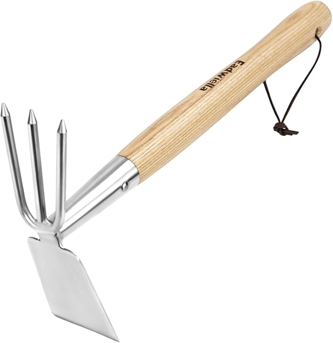 Hoe and Cultivator Garden Rake Hand Tiller Tool Wood Handle Double Sided Cultivator Versatile Tool for Digging,Loosening Soil,Weeding,Breaking Up Soil,Cultivating,Preparing Seedbeds Combination Garden