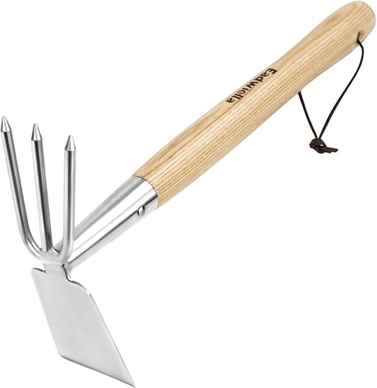 Hoe and Cultivator Garden Rake Hand Tiller Tool Wood Handle Double Sided Cultivator Versatile Tool for Digging,Loosening Soil,Weeding,Breaking Up Soil,Cultivating,Preparing Seedbeds Combination Garden