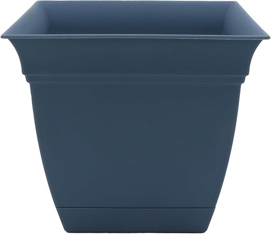 The HC Companies 10 Inch Eclipse Square Planter with Saucer - Indoor Outdoor Plant Pot for Flowers, Vegetables, and Herbs, Slate Blue