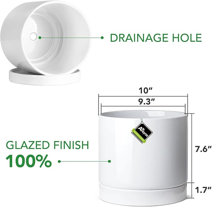 Aveyas 10 inch Ceramic Plant Pot with Drainage Hole and Saucer - Suitable for Indoor and Outdoor Use, Modern Planters for House Garden Flower Tree Snake Monstera Plants (10", Glossy White)