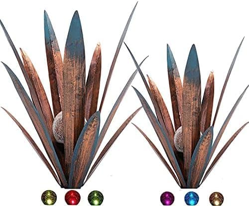 Metal Agave Plant Garden Art, 2 Pack Big Tequila Rustic Sculpture, Rustic Metal Agave Plants Garden Lawn Home Ornaments, for Yard Stakes, Garden Figurines, Outdoor Patio (2 PCS Colorful with Light)