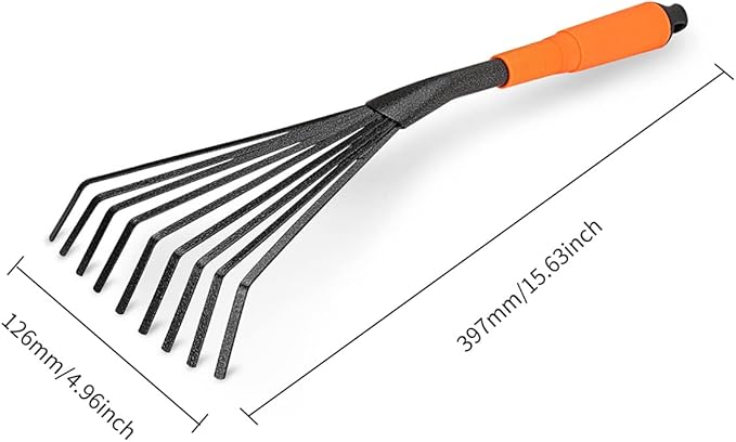 Mini Garden Rake 16 Inch 9 Root Steel Hand Fan Leaf Rake with Ergonomic Comfort Grip & Rust Resistant - Professional Gardening Tool