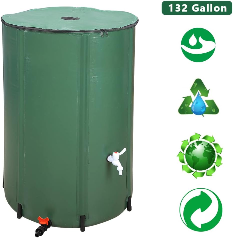 132 Gallon Collapsible Rain Barrel, Portable Rainwater Collection System, Rain Catcher Barrel, Water Storage Tank with Two Spigots and Overflow Kit, Rain Water Barrel Collector for Garden, Green