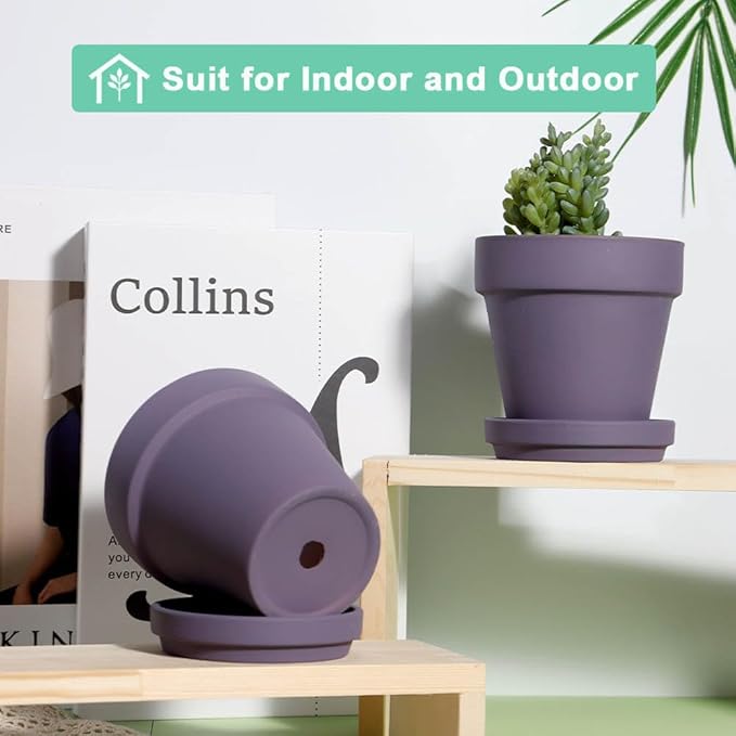 vensovo 6 Inch Purple Terracotta & Clay Pots for Plant with Saucer - 4 Pack Medium Terra Cotta Planter with Drainage Hole, Flowerpot for Indoor Outdoor Plants, Crafts, Wedding Favor