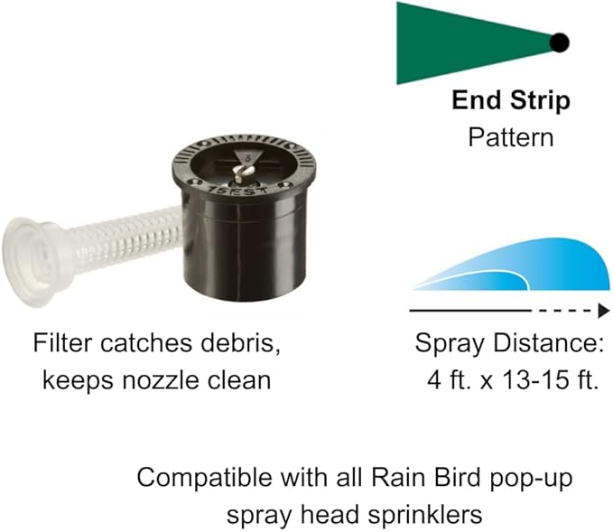 Rain Bird 15ESTC1 End Strip Pattern Spray Nozzle, Adjustable 3' x 10' - 4' x 15' Spray Distance, Black