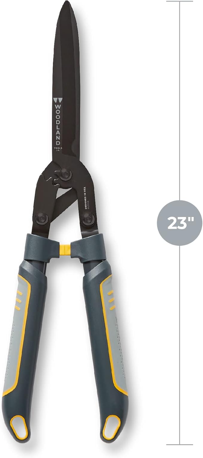 Woodland Tools Co. Super Duty MaxForce Hedge Shear – 23" High Carbon Steel Blades with Gear Amplified Cutting Power, Ergonomic U-Shape Design