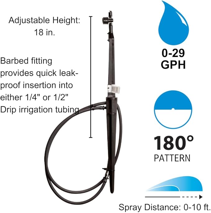 Rain Bird MSSTKTH1S Drip Irrigation Micro-Spray on Adjustable Height Staked Riser with 1/4" Tubing and Barbed Coupler, 180° Half Circle Pattern, 0 - 10.5’ Spray Distance,Black