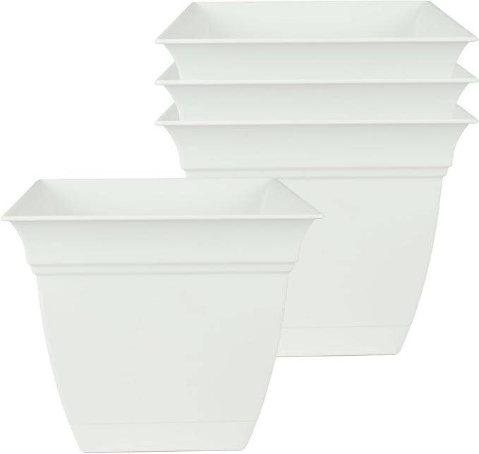 The HC Companies 6 Inch Eclipse Square Planter with Saucer – Indoor Outdoor Plant Pot for Flowers Vegetables Herbs, White (Pack of 4)
