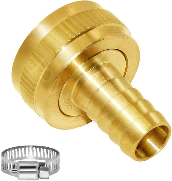 Joywayus 5/8" Barb x 3/4" Female GHT Thread Swivel Brass Garden Water Hose Pipe Connector Copper Fitting with Stainless Clamps House/Boat/Lawn/Power Wash/Irrigation (Pack of 2)