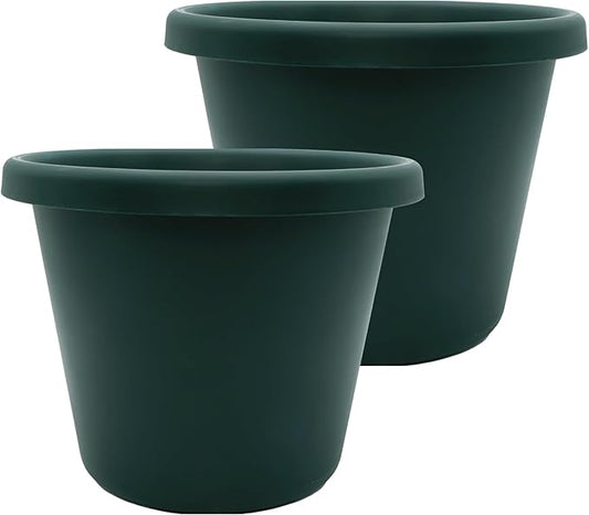 The HC Companies 15.5 inch Round Classic Planter - Plastic Plant Pot for Indoor Outdoor Plants Flowers Herbs, Evergreen (2 Pack)