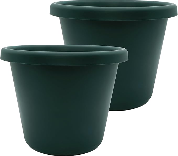 The HC Companies 14 inch Round Classic Planter - Plastic Plant Pot for Indoor Outdoor Plants Flowers Herbs, Evergreen (2 Pack)