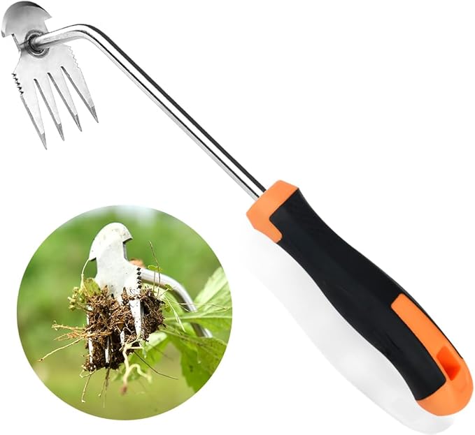 Weed Puller Tool，2025 New Garden Weeder Tool Stainless Steel Hand Weeder Tool,4 Teethes Dual Purpose Weed Remover Tool Weeding Tools for Gardening (Rubber Handle)