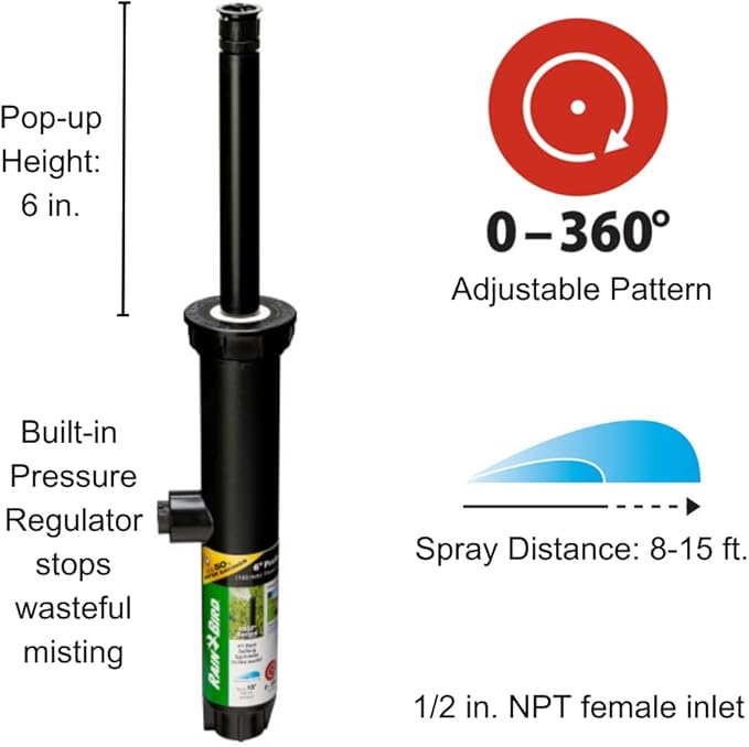 Rain Bird 1806APPRS Pressure Regulating (PRS) Professional Pop-Up Sprinkler, Adjustable 0° - 360° Pattern, 8' - 15' Spray Distance, 6" Pop-up Height, Black