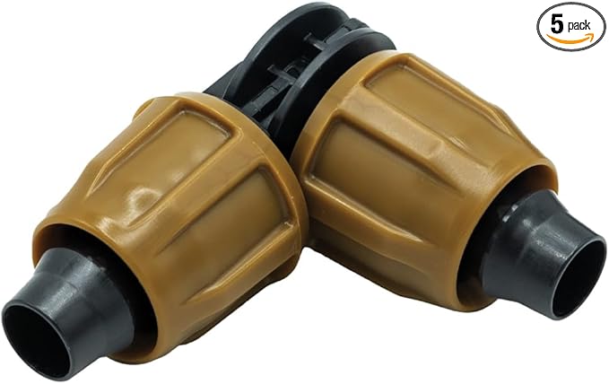 (5-Pack) 1/2" Universal Nut-Lock Elbow Drip Irrigation Tubing Compression Fitting Connector (Fits All Tubing .530, .600 and .620 ID - 16, 17, 18 mm) (Elbow 5-Pack)