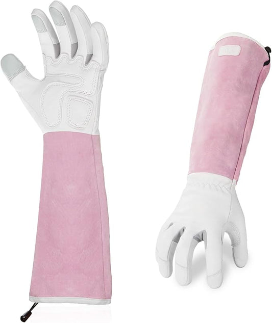 Vgo... 1-Pair Premium Genuine Goat Leather Extra-Long Cuff Thornproof Gardening Gloves (Size S, Pink White, GA1013)