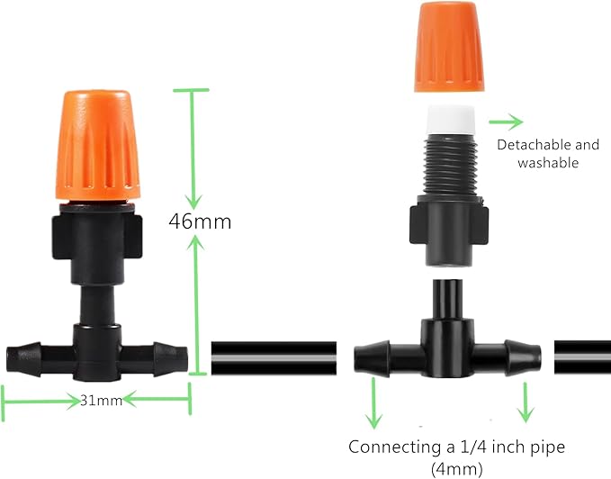 Three-Way Atomizing Nozzle 1/4 Inch, 50 Pcs Adjustable Micro Spray Irrigation Emitters, Drip Irrigation Parts Accessories for Patio Lawn Greenhouse Vegetable Irrigation Supplies