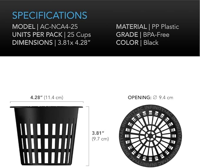 AC Infinity Net Cups 4-Inch, Heavy Duty Garden Slotted Net Pots with Wide Lip Rims, 25-Pack Black Bucket Basket for Indoor Outdoor Growing, Orchids, Aquaponics, Hydroponics