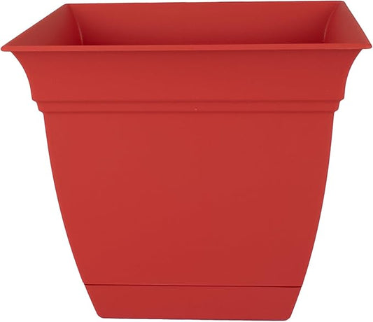 The HC Companies 8 Inch Eclipse Square Planter with Saucer – Indoor Outdoor Plant Pot for Flowers Vegetables Herbs, Red