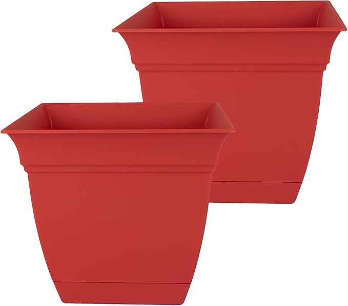 The HC Companies 10 Inch Eclipse Square Planter with Saucer – Indoor Outdoor Plant Pot for Flowers Vegetables Herbs, Red (Pack of 2)