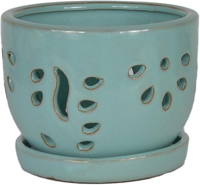 W&W Orchid Pot with Holes and Saucer for Repotting, Turquoise, 5.8 Inches