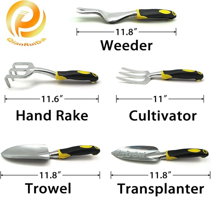 QianRuiDa 8-Piece Garden Tools Set for Gardening Aluminum Alloy Heavy Duty Kit, with Storage Tote Bag, Ergonomic Rubber Grip, Gift for Men or Women, Indoor and Outdoor Tools