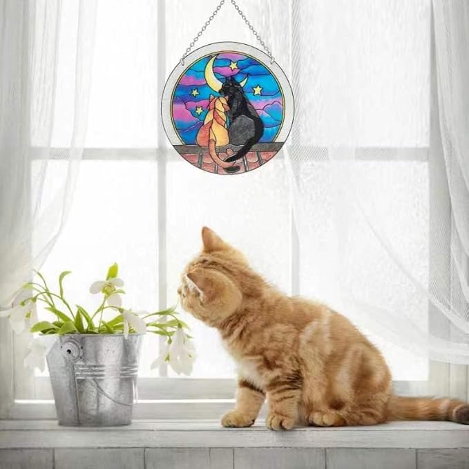 Cat Sun Catcher Stained Glass, 6 * 6inches Suncatcher for Window, Cat and Dog Patterns Sun Catcher Glass,Cat Mom Gifts