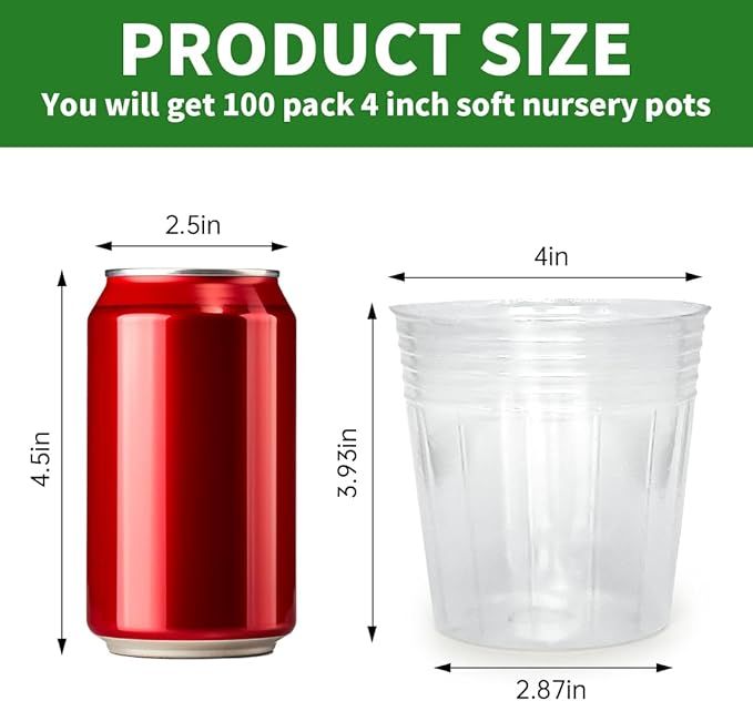 100 Pack 4 Inch Clear Nursery Pots with Mesh Pad for Plants Seeding Starter and Germination, Seed Starting Pots Transparent Soft Plastic Plant Pots with Drainage Holes (100 Pcs 4 Inch)