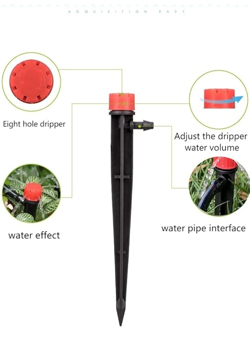 100pcs Drip Irrigation Emitters for 1/4" Drip Irrigation Tubing,Adjustable 360 Degree Water Flow Drippers on 5" Arrow Stake, Garden Irrigation Drippers for (4-7mm) Watering System Kit