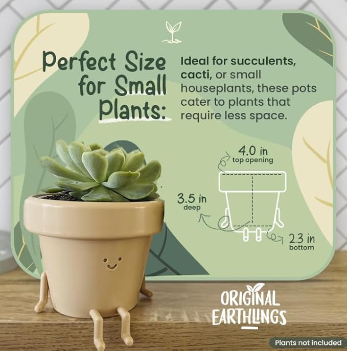 Original Earthlings Sitting Pot - 3.5 Inch Cute Plant Pot - Plastic Funny Planter with Drainage - Unique Cactus Plant Lover Gift - Small Succulent Face Flower Pot - Cute Plant Gifts for Plant Lovers