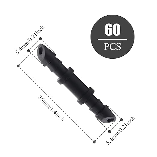 60Pcs 1/4 Inch Drip Irrigation Coupling Fittings Straight Coupling Barbed Connector for 4/7mm Tube Drip Irrigation Watering System