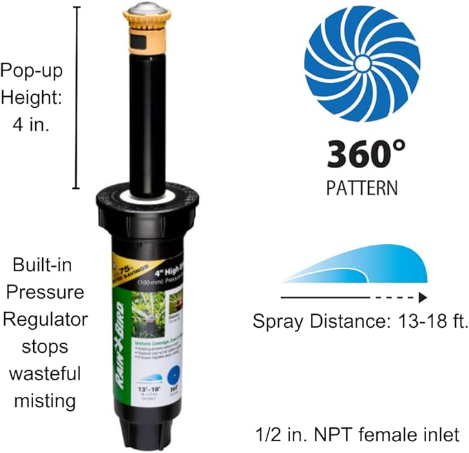 Rain Bird 12SAFPROPR Pressure Regulating (PRS) High-Efficiency Pro Rotary Sprinkler, 360° Full Pattern, 13' - 18' Spray Distance, 4" Pop-up Height