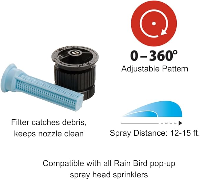 Rain Bird 15AP Adjustable Pattern Spray Nozzle, Adjustable 0° - 360° Pattern, 8' - 15' Spray Distance