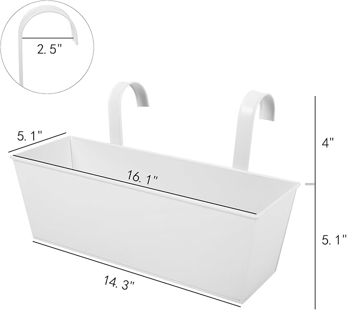 Railing Planters Outdoor Balcony 16 Inch Deck Over The Railing Planter Boxes Hanging Planters for Fence Flower 3 Pcs (White)
