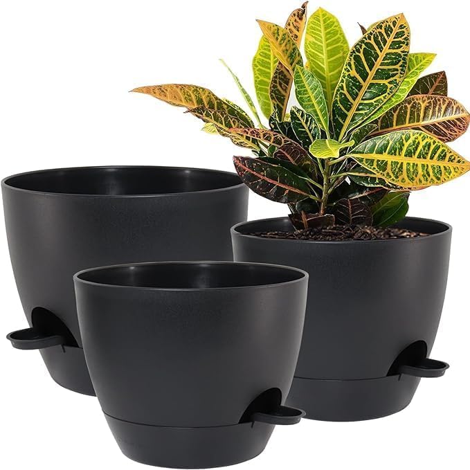 10/9/8 inch Self Watering Pots, Set of 3 Plastic Planters with Mesh Drainage Holes and Deep Reservoir for Indoor Outdoor Garden Plants and Flowers, Black