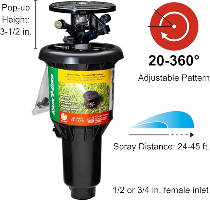 Rain Bird AG-5 All Gallonage Pop-Up Impact Sprinkler, Adjustable 20° - 360° Pattern, 24' - 45' Spray Distance