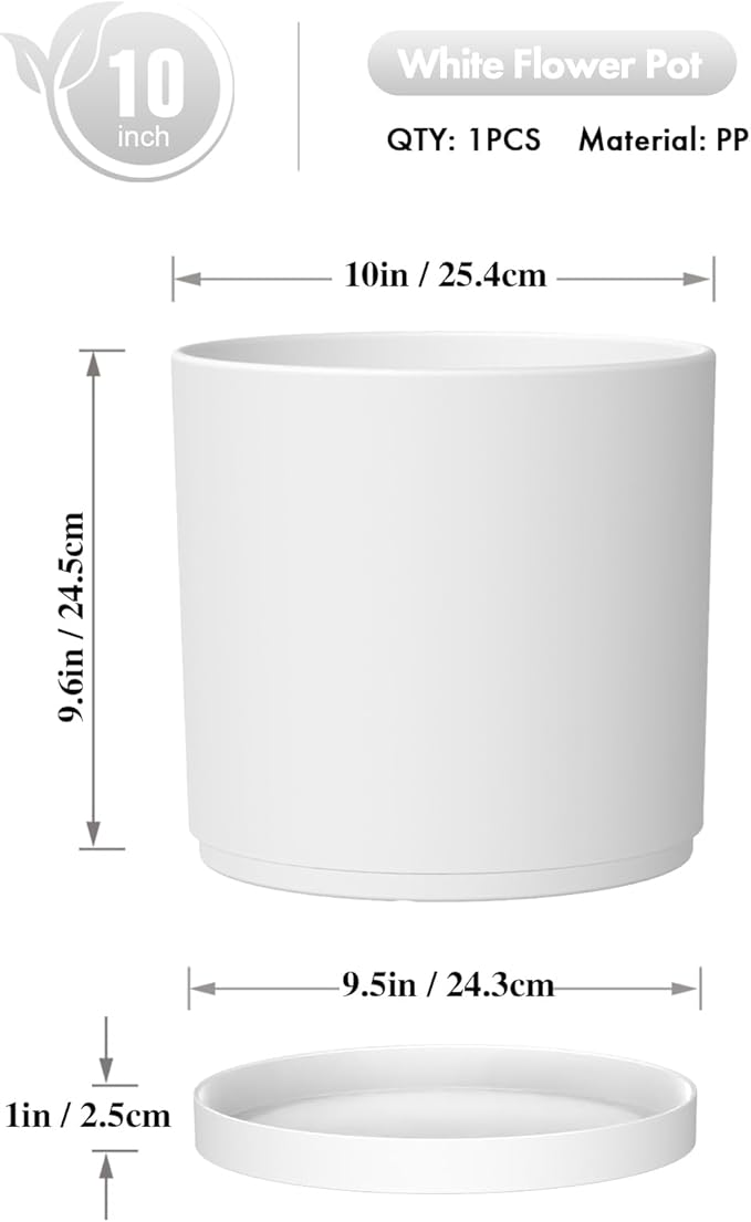 10 Inch Large Plant Pots for Indoor Outdoor Plants, Cylinder Deep Flower Pots with Drainage Holes and Saucer, Big Decorative Plastic Planter Pots for Garden House Plants, White
