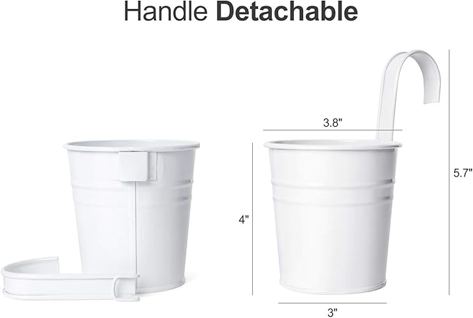 Dahey 10 Pcs Hanging Flower Pots Metal Iron Bucket Planter for Railing Fence Balcony Garden Home Decoration Flower Holders with Detachable Hooks, White, 4 Inches