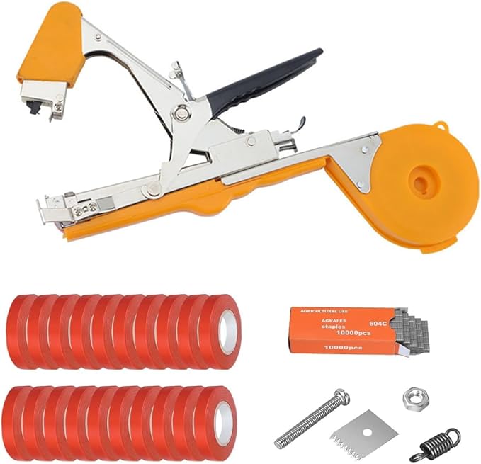 Plant Tying Machine Set Vine Tying Machine for Climbing Plants, Tomato, Tomatoes, Vining Vegetables, Flower Planting,Cucumber, 10000pcs Staples 20 Rolls (Orange)