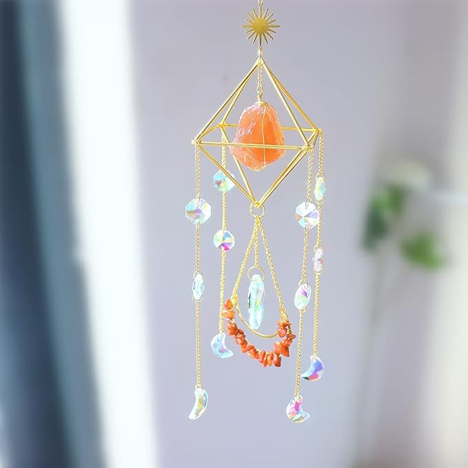 Orange Salt Crystal Suncatchers for Windows, Gemstone Sun Catcher Hanging, Unique Spiritual, Crystal Window Hanging, Boho Home Decor, Natural Stone (Orange Salt Stone)