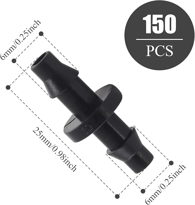150Pcs 1/4 Inch Drip Irrigation Coupling Fittings Straight Coupling Barbed Connector for 4/7mm Tube Drip Irrigation Watering System