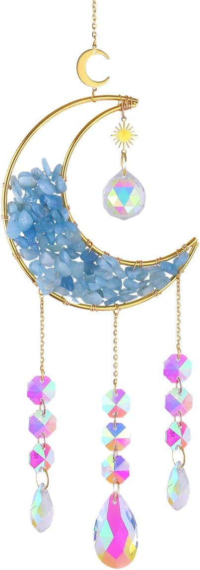 Crystal Suncatcher Hanging Moon Sun Light Catcher with Glass Prisms for Window Natural Kyanite Crystal Decor Home Indoor Making Rainbows