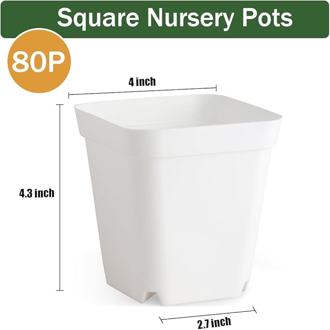 80 Pcs Nursery Pots 4 Inch, Plastic Seed Starting Pot with Drainage Holes, Small Sturdy Seedling pots for Planting, Succulents, Transplanting, Cuttings (White)