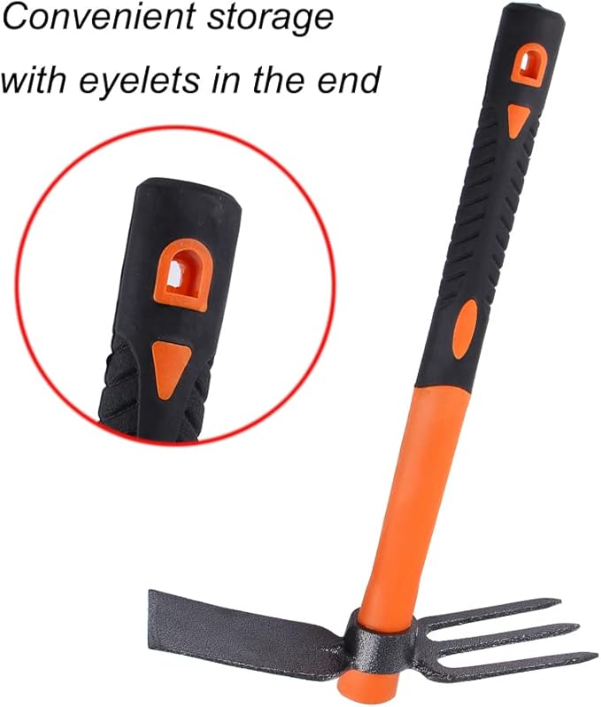 LUBAN 3 Sprongs Dual Head Rake Hoe with Heavy Duty Forged Adze and Ergonomic Non-Slip Handle for Loosening Soil, Gardening, Camping Outdoor 39mm/15-Inch