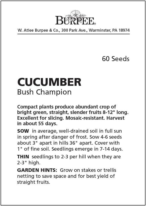 Burpee 'Bush Champion' Slicing Cucumber Seeds, 60 Non-GMO seeds, Container Friendly, Burpee Exclusive