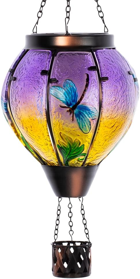 Starsoul Dragonfly Hot Air Balloon Solar Lantern Outdoor Glass Hanging Hot Air Balloon Lantern with Flame Light Waterproof for Patio Pathway Yard Porch Backyard Decor