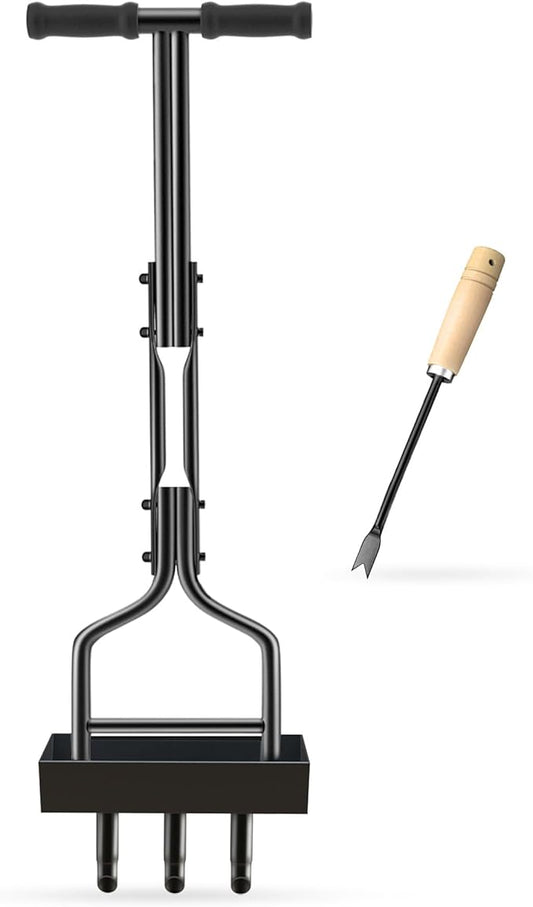 Manual Lawn Aerator with Tray & 3 Hollow Slots Manual Soil Corer Collector Lawn Plug Core Aeration Tool Heavy Duty Lawn Core for Soils & Lawns Yard Garden, 37.6 inches, Black