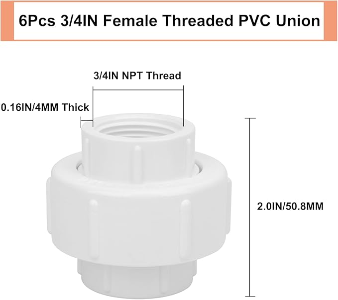 6Pcs 3/4Inch Female Threaded PVC Union Coupling Pipe Fitting (Female x Female) 3/4'' PVC FNPT Female Union Coupling Adapter for Sprinkler Pipe, Irrigation, Plumbing, Schedule 40, EPDM O-Ring