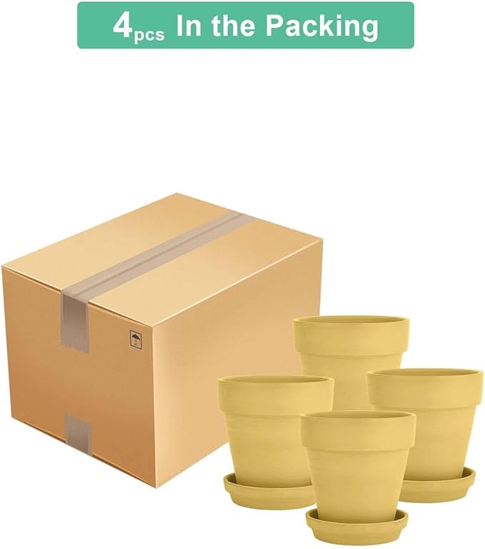 vensovo 6 Inch Yellow Terracotta & Clay Pots for Plant with Saucer - 4 Pack Medium Terra Cotta Planter with Drainage Hole, Flowerpot for Indoor Outdoor Plants, Crafts, Wedding Favor